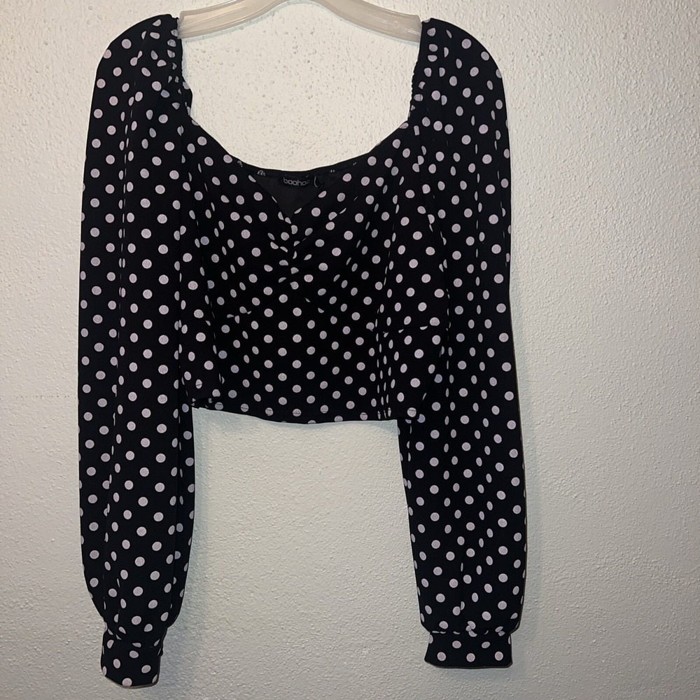Boohoo Black Polka Dot Long Sleeve Cropped Blouse Size 18 Square Neck